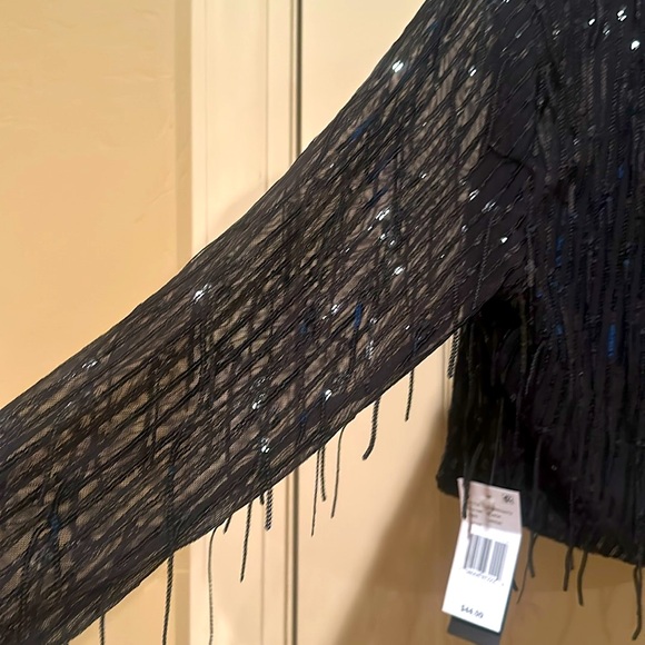 STUNNING Black Bolero Jacket (sequins & fringe) Long See-thru Sleeve LARGE - Picture 2 of 12